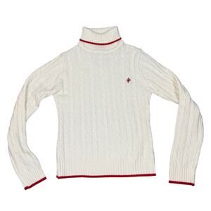 Southpole Womens Size L Y2K White Knit Turtleneck Long Sleeve Sweater Red Trim